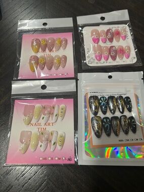 Assorted Press-On Nail Sets – Pink, Yellow, Black Mix